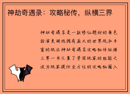神劫奇遇录：攻略秘传，纵横三界